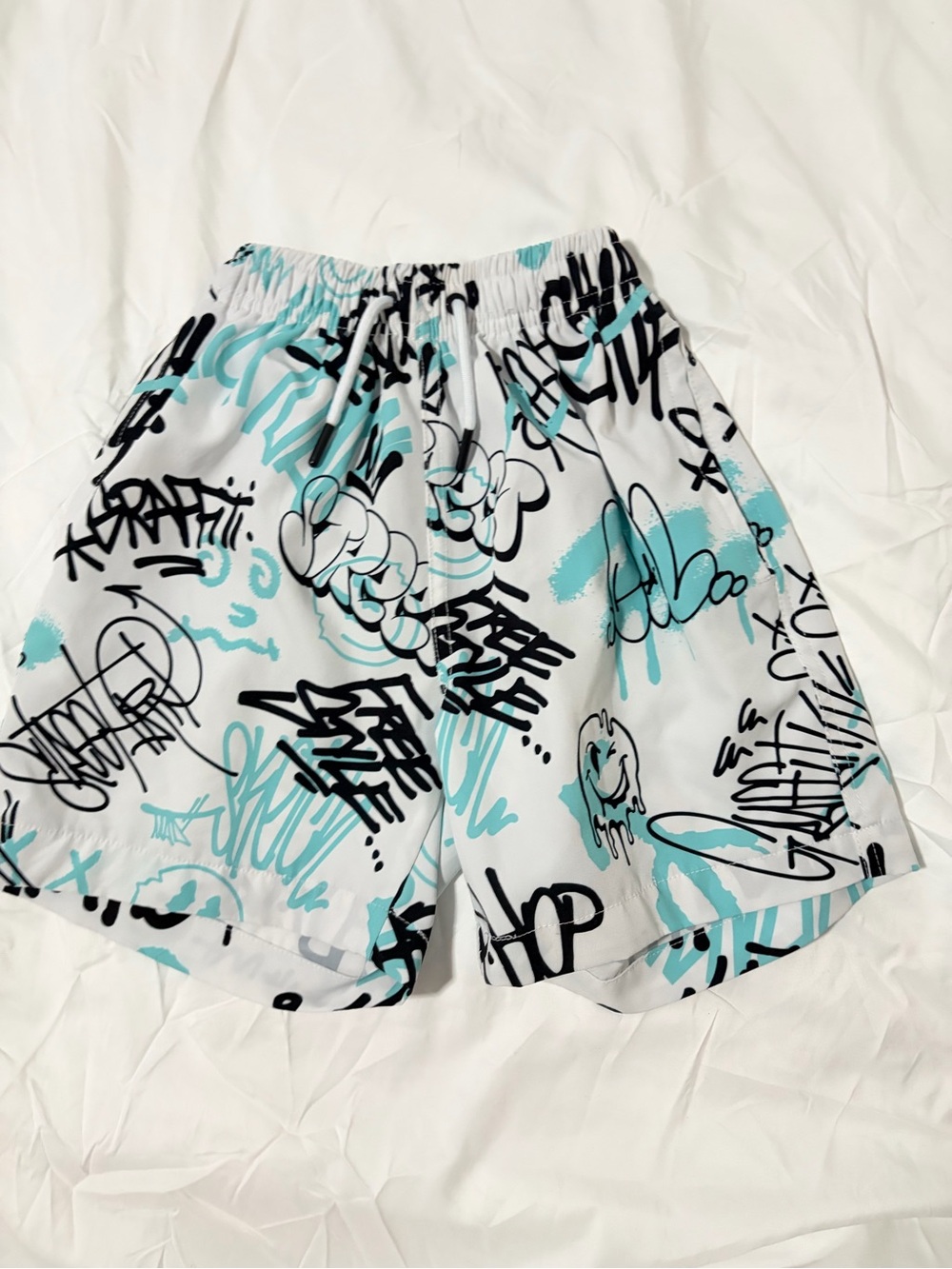 Public Supply Graffiti Print Swim Shorts in White & Aqua